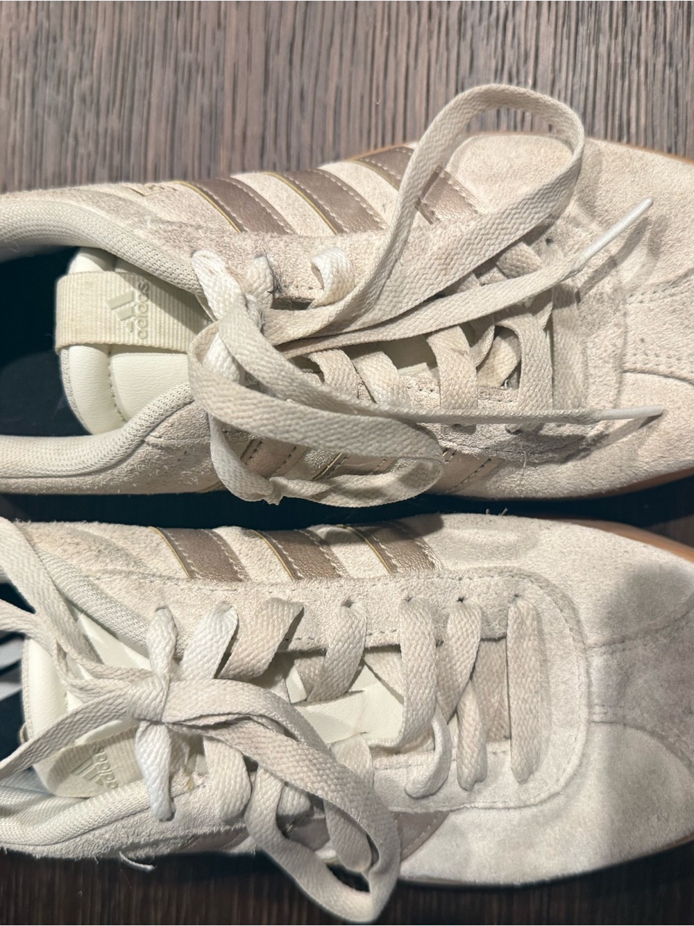 adidas Women’s Cream Suede Sneakers with Metallic Stripes
